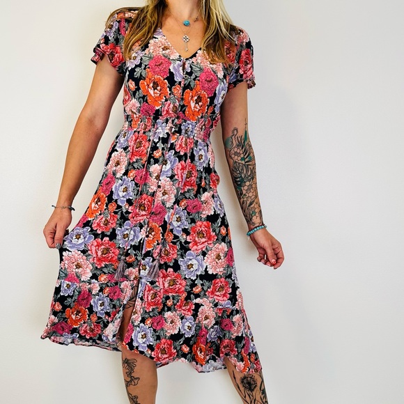 Knox Rose Dress Beautiful Floral Midi Button Front  Boho - Picture 3 of 9